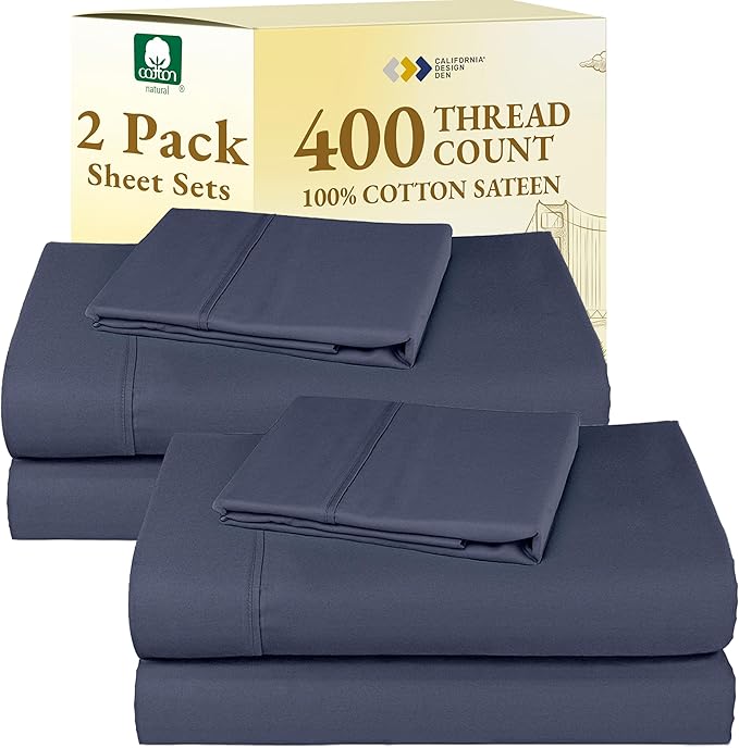 California Design Den Pack of 2 Twin Sheets Set - 400 Thread Count 100% Cotton Sateen - Soft and Breathable Sheets, 2 Sets of Deep Pocket Bed Sheets - Indigo Dusty Blue