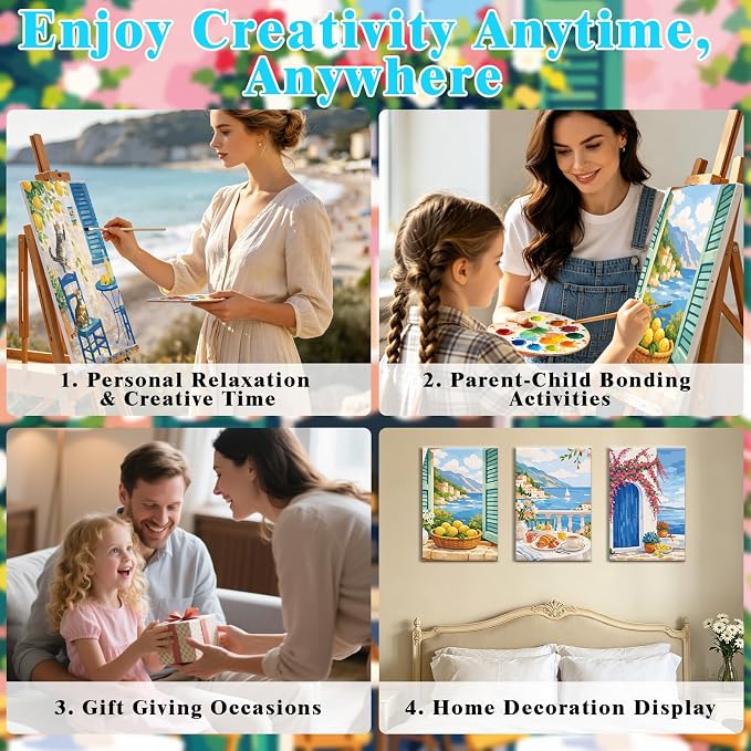 FLUXOJOY 6 Pack Painting by Number Kits for Adult, DIY Canvas Color Painting Kit for Kids or Beginner with Paint Brushes Acrylic Pigment Drawing Paintwork 20x30cm Without Frame (Mediterranean-6 Pack)