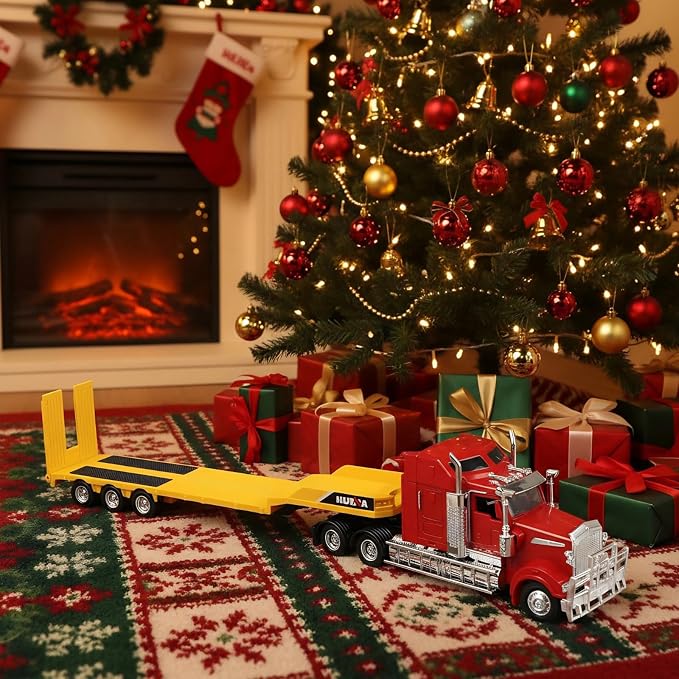 Flatbed Semi Truck Toy, Large 1/50 for Kenworth W900 Metal Diecast Transport Tractor Truck Trailer Toy Gifts for Boys Adult Model Car Collector -Yellow