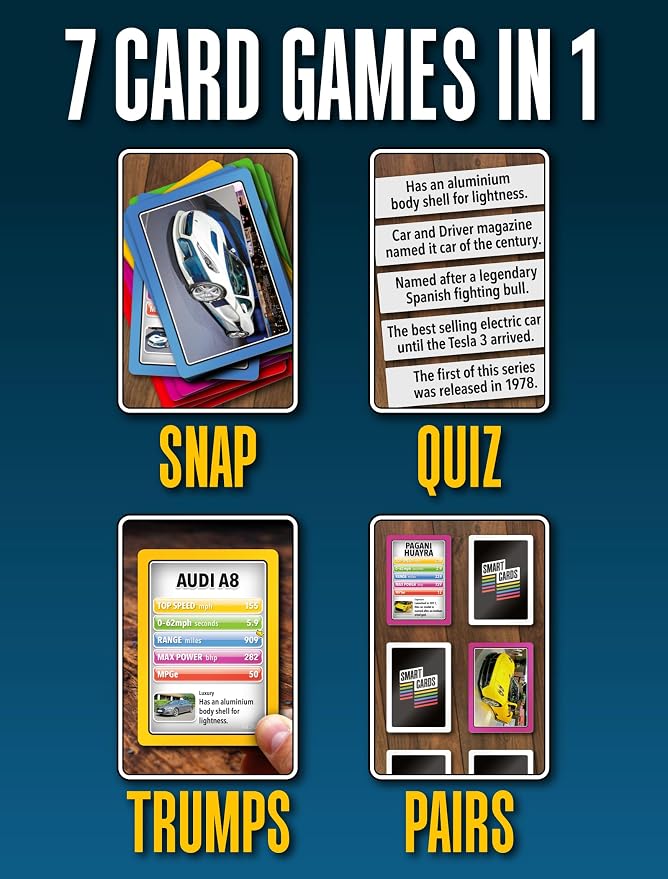 SMART CARDS Cars, Gift, Stocking Stuffer, Travel Game, 7 Games in 1, Pairs, Snap, Trumps, Rummy, Memory Quiz, Learn Facts, Age 5+, 1-8 Players