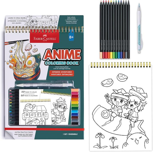 Faber-Castell Anime Drawing Kit: Japanese Adventures Edition | Step-by-Step Instruction Book with 20 Practice Pages, Color Pencil Set & Drawing Supplies for Kids, Summer Craft Supplies (1 Book)