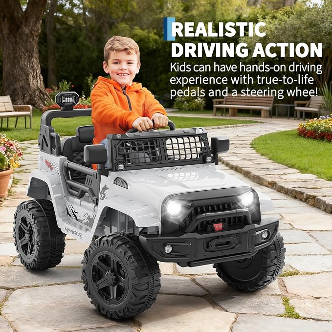 Hetoy 12V Ride on Toys with Parent Remote Control Toddler Electric Vehicle with Spring Suspension, LED Lights, Bluetooth, Music Player, 3 Speeds Ride on Car Truck for Kids Age 3-8 (White)