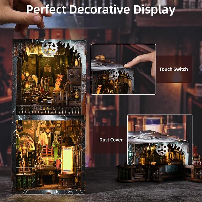 fifijoy Book Nook Kit, DIY Miniature Dollhouse Booknook Kit, 3D Wooden Puzzle Bookend Bookshelf Insert Decor with LED Light for Teens and Adults (Steampunk Mad Scientist Laboratory)