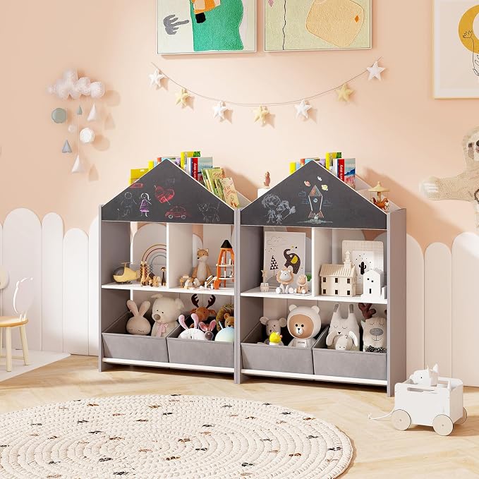 Costzon Kids Bookshelf, Wooden Dollhouse Bookcase with Blackboard, Whiteboard, Toddler Book Shelf with Cubby & 2 Fabric Bins, Toy Storage Organizer for Kids Room, Playroom, Nursery (Gray)