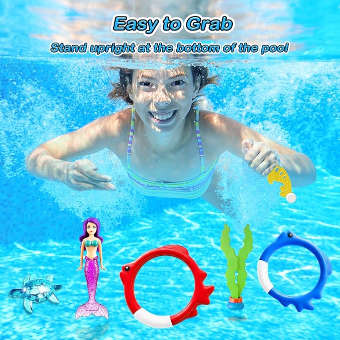 Jasonwell Pool Diving Toys Games - 32PCS Swimming Mermaid Pool Toys with Dive Rings Gems Beach Ball Underwater Treasures Torpedo Bandits Fish Swim Toy etc Bath Water Toy Training Gifts for Kids Adult
