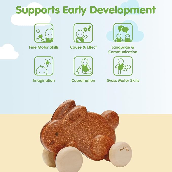 PlanToys® Brown Push Along Bunny Wooden Montessori Movement and Coordination Toy | Gross Motor, Rhythm and Cause & Effect Early Learning Activity | Eco Friendly Push Toy for Active Play
