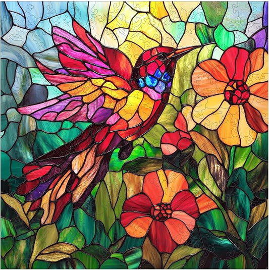 Mocfesk Wooden Puzzles for Adults, 499 Pieces Stained Glass Hummingbird Jigsaw Puzzles, Mosaic Bird Flower Puzzle for Senior, Challenging Family Toy Home Decor 15.9 x 15.9 in