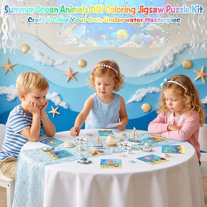 Fennoral 24 Pack Summer Crafts for Kids Bulk Color Your Own Under The Sea Jigsaw Puzzle with Base Design DIY Coloring Arts and Crafts Classroom Gifts Under the Sea Theme Party Favors,4.7inch