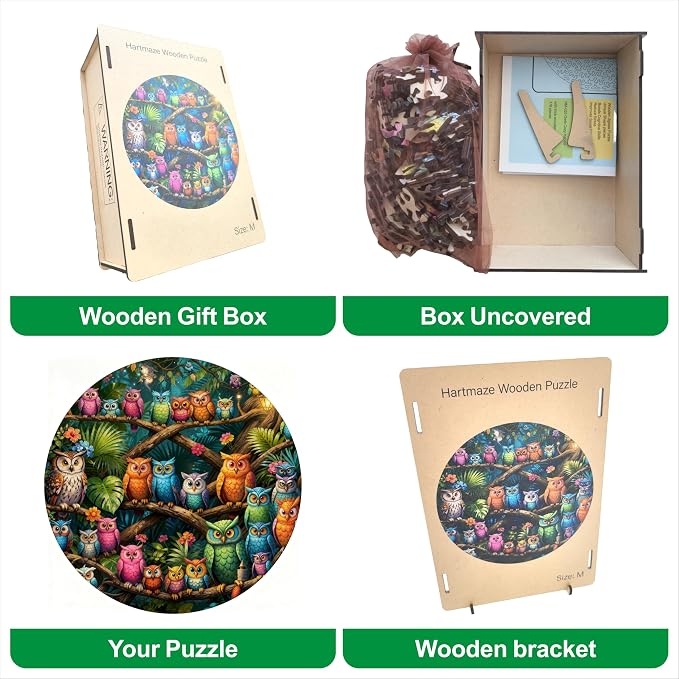 Hartmaze Wooden Jigsaw Puzzle - Owls Cozy Habitat, 178 Unique Irregular Pieces, 11.2x11.2 Inch, Exquisite Wooden Gift Box, Challenging Art Puzzle for Adults & Kids Ages 8 and Up