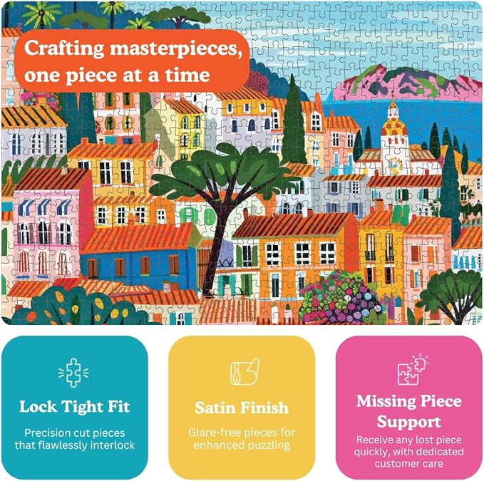Cross & Glory – A Bright Day in Cannes – 1000 Piece Jigsaw Puzzle for Adults | Modern Folk Art French Riviera Scene | Minimalist, Colorful Travel Puzzle