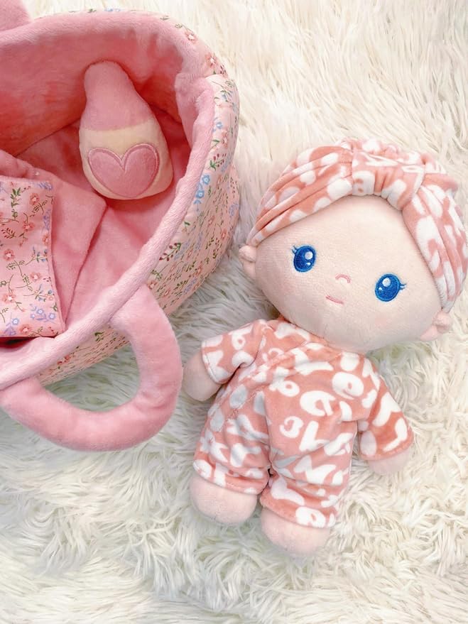 LeyaDoll Soft Baby Doll Gift Set - First Baby Doll Accessories Plush Rag Sleeping Cuddle Buddy Doll Toy Mini Pink Set for Kids Girls (9'') - Pudding Baby-Light