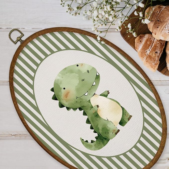 WULQYING Vintage Dinosaur Nursery Wall Art Decor, Boys Room Oval Framed Canvas Art Prints, Green Striped Dino Dinosaur Wall Hanging Decor for Kids Toddler Boys Room Bedroom Playroom, 8.6x11.4 Inches