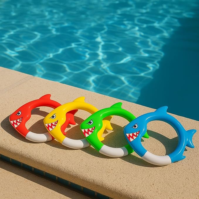 Haktoys Shark Dive Rings Pool Diving Toys for Kids, Sinking Swim Training Toys for Boys & Girls, Underwater Pool Games & Summer Fun, 4-Pack Fish Rings Set
