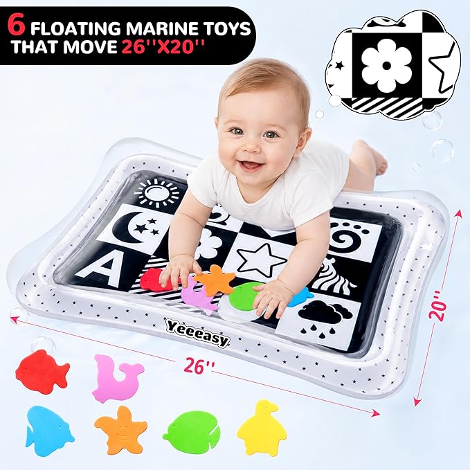 Yeeeasy Tummy Time Water Mat丨Inflatable Tummy Time Water Play Mat for Babies, Infants and Toddlers 3 to 24 Months Promote Development Toys Baby Toys Essentials and Gifts, Black and White