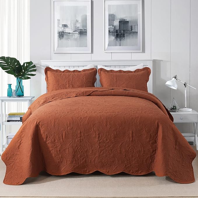 HoneiLife Queen Quilt Bedding Set - 3 Piece Microfiber Quilt Sets Lightweight Bedspreads Reversible Coverlets Retro Bed Cover Paisley Pattern Bedding Set All Season Quilts-Rust