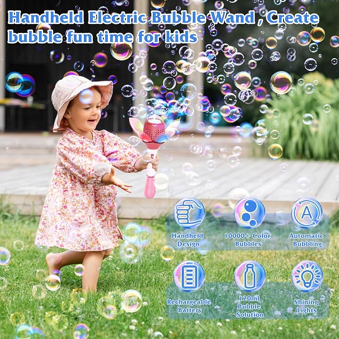 Panamalar Electric Bubble Wand for Kids, Light Up Automatic Bubble Machine Blower with Lights/10000+ Bubbles/120ml Solution, Rechargeable Flower Bubble Wand Maker Toys for Outdoor Party Wedding