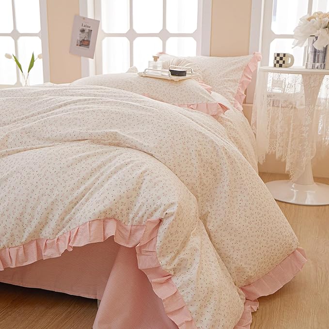 Pink Floral Comforter Set Queen Romantic Girls Ruffle Lace Bedding Set Queen Fluffy Soft Botanical Flowers Comforter with 2 Pillowcases Lightweight Bedding Cottagecore Comforter Set for All Season