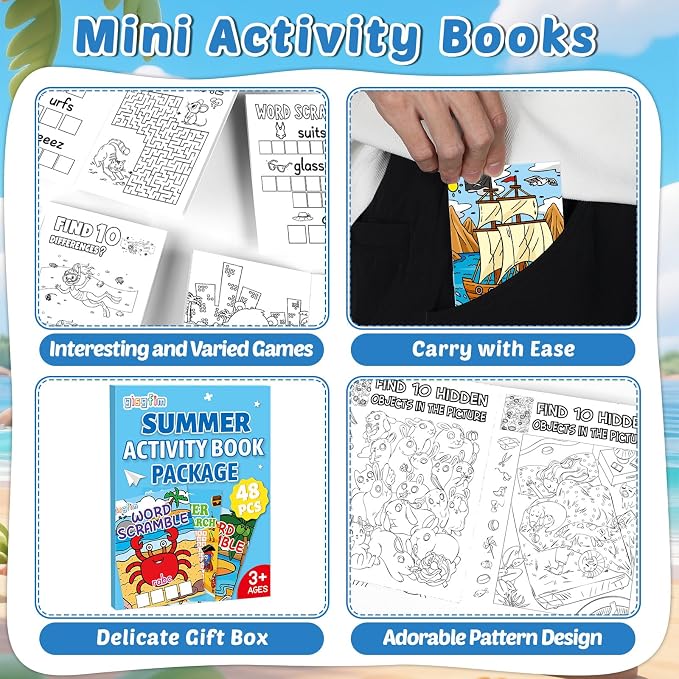 gisgfim 192 PCS Summer Mini Activity Books Coloring Books Party Favors Bulk Challenging Game Include Maze Dot to Dot Word Search Word Scramble for Ages 4-12 Goodie Bags Stuffers Kid Wedding Activities