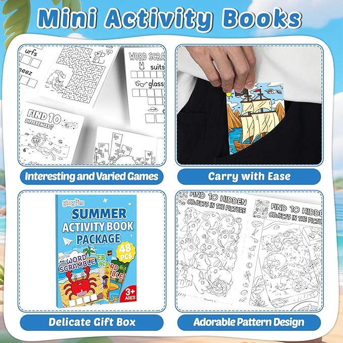 gisgfim 48 PCS Summer Mini Activity Books Coloring Books Party Favors Bulk Challenging Game Include Maze Dot to Dot Word Search Word Scramble for Ages 4-12 Goodie Bags Stuffers Kids Wedding Activities