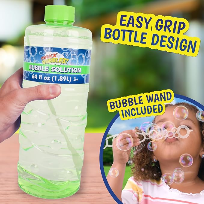 Sunny Days Entertainment Bubble Solution Refill with Wand 64oz Non Toxic Dye Free (1/2 Gallon), Kids Easy Grip Bottle Refill for Bubble Machine, Bubble Wands, Bubble Toys, Blue or Green Bottle