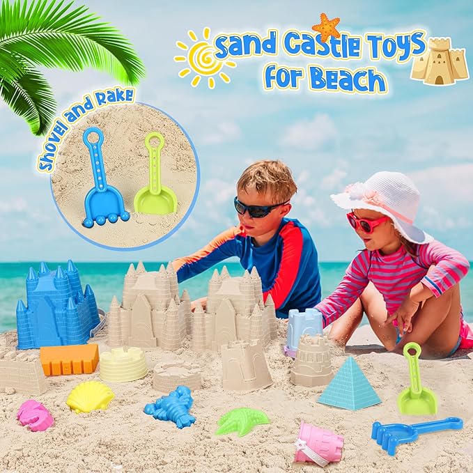 FUSPWEAO Beach Sand Toys, Sand Castle Toys with Castle Bucket, Creative Molds, Shovel and Rake, Sandbox Play Set for Kids Ages 3-12, Outdoor Summer Beach Essentials for Building & Playing