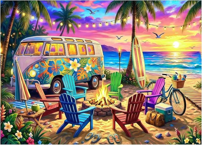 Sunset Beach Camp Puzzles for Adults 1000 Pieces,Challenging Jigsaw Puzzles for Adults 1000 Pieces,Difficult Impossible Puzzle for Family Game Night,Summer Puzzles Gifts for Father's Day
