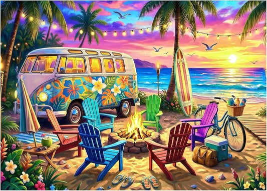 Sunset Beach Camp Puzzles for Adults 1000 Pieces,Challenging Jigsaw Puzzles for Adults 1000 Pieces,Difficult Impossible Puzzle for Family Game Night,Summer Puzzles Gifts for Father's Day