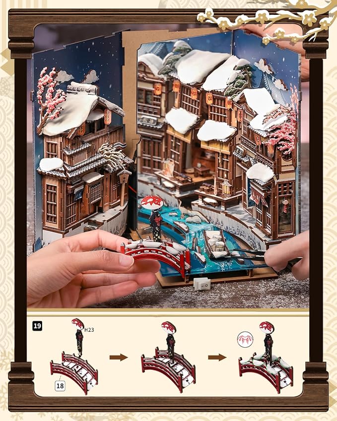 CUTEBEE Book Nook Kit - Japanese Style DIY Miniature Winter House, LED Light Bookshelf Decor Alley Dollhouse for Adults Teens, Gifts for Family (Kyoto Snow Whisper)