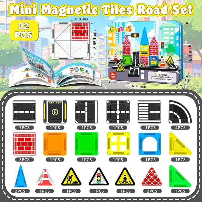 Goodtiles Mini Magnetic Tiles Road Set,STEM Building Toys for Kids Ages 3-8 | Screen-free Travel Toys, Preschool Magnetic Building Blocks, Birthday Gifts for Boys Girls 3+