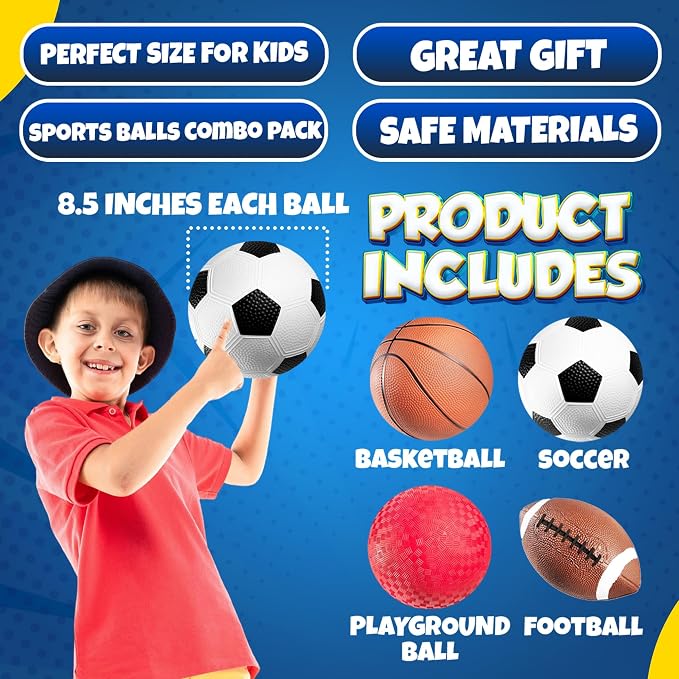 Sports Balls for Kids & Toddlers - (Pack of 4) 5-inch Sports Set Includes Football, Small Size Soccer, Basketball, and Playground Balls, Fun Indoors & Outdoor Toys (Hand Pump Included)