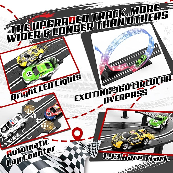 3 IN 1 Slot Car Race Track Sets with 4 High Speed Slot Cars, Electric Race Car Track Include Circular Overpass Flash Tracks, 1:43 Remote Control Track Car Game Toys Gifts for Adults Boys Ages 6 7 8-12