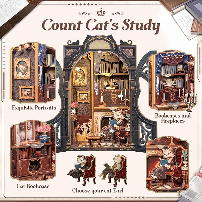 Cutefun Book Nook Kit - DIY Miniature Dollhouse Kit for Adults, Teens and Beginners, Tiny House Bookshelf Decor 3D Wooden Puzzles, Best Birthday and Valentine's Day Gifts (Count Cat's Study)