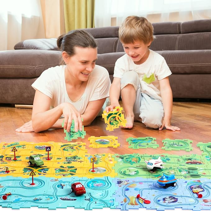 100PCS Puzzle Racer Kids Car Track Set Puzzle Racer Car Track Set with Roadmap Puzzle Track Car Play Set Toy for Kids 3-8 Years Old - 4 Style