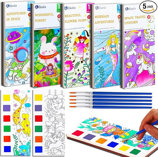 JUNQIU 5Pack Water Color Paint Sets for Kids, Paint With Water Books for Kids Ages 4-8, Pocket Watercolor Painting Book, Arts and Crafts Kit Easter Basket Stuffers For Girls Boys