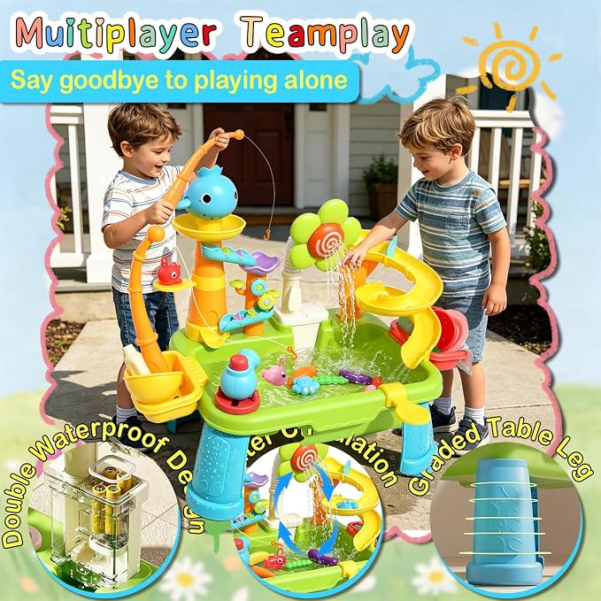 Dergo Upgraded Water Table for Toddlers Toy Set, Kids Sensory Sand Table Play Sink Shower Sprinkler, Summer Birthday Gift STEM Fishing Playset for Boys Girls Ages 3 4 5 6 7