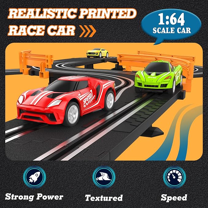 Slot Car Race Track Sets with 4 High-Speed Racing Car, Battery or Electric Race Car Track for Boys and Kids, Dual Racing Game Lap Counter Circular Overpass Track, Gifts Toys for Boys Kids Age 6 7 8-12