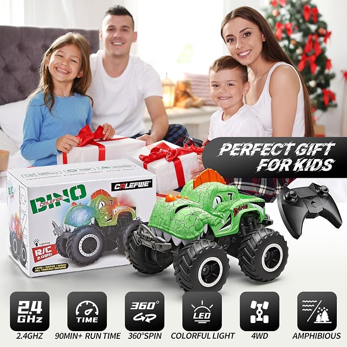 Amphibious Remote Control Car, 1:20 Waterproof Dinosaur Monster Trucks for Boys Age 4-7, 2.4GHz All Terrain RC Cars with 2 Batteries, 360° Rotating Stunt RC Car Toy Birthday Gift for Kids 3-5