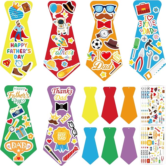 PAIVSUN 24Pcs Fathers Day Crafts for Kids, Make Your Own Tie DIY Necktie for Dad, Father's Day Decorations Gifts Crafts Kit for Classroom School Activities Home Party Favor Supplies