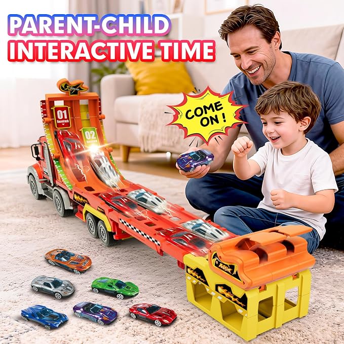 Truck Car Toys for 3, 4, 5, 6, 7, 8 Years Old Kids, Carrier Truck Race Track Toys, Foldable Transport Car Toys with Foldable Race Tracks and 6 Metal Cars, Birthday Gifts for Toddler Boys Girls (Red)