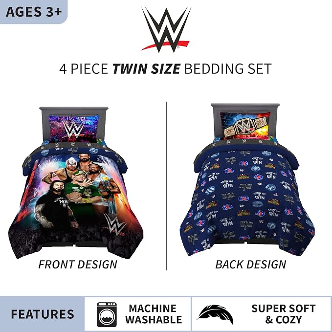 WWE Wrestlemania Kids Bedding Set, Super Soft Microfiber Comforter & Sheet Set, 4-Piece Twin, (Officially Licensed Product) by Franco