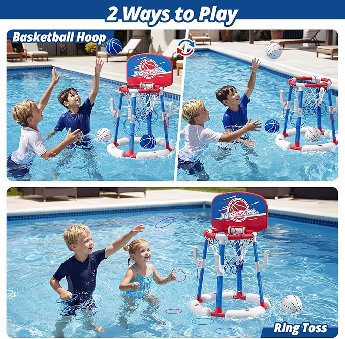HYES 2 in 1 Pool Basketball Hoop with Ring Toss, Floating Pool Toys - Anti-Tip Stable Base - with 4 Balls/8 Rings/Pump - Summer Water Basketball Games Indoor Outdoor Gifts for Kids 4-8 & Adults, Red