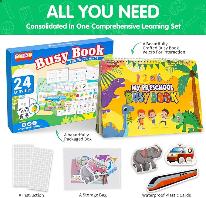 NASHRIO Montessori 24 Themes Busy Book for Toddlers 3-5, Engaging Preschool Learning Activities for Home School Travel – Educational Toy for 3-6 Year Old Boys & Girls