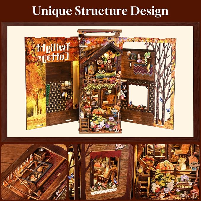 TOYQI Book Nook Kit, Book Nook Kits for Adults | DIY Miniature Dollhouse Kit 3D Wooden Puzzle Booknook Bookend with LED Light