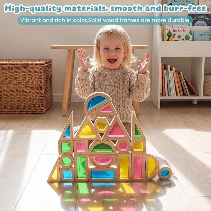 WOODENFUN Wood Building Blocks Set for Kids,Rainbow Stacker Stacking Game Construction Toys Set Preschool Colorful Learning Educational Toys, Geometry Wooden Blocks for Boys Girls