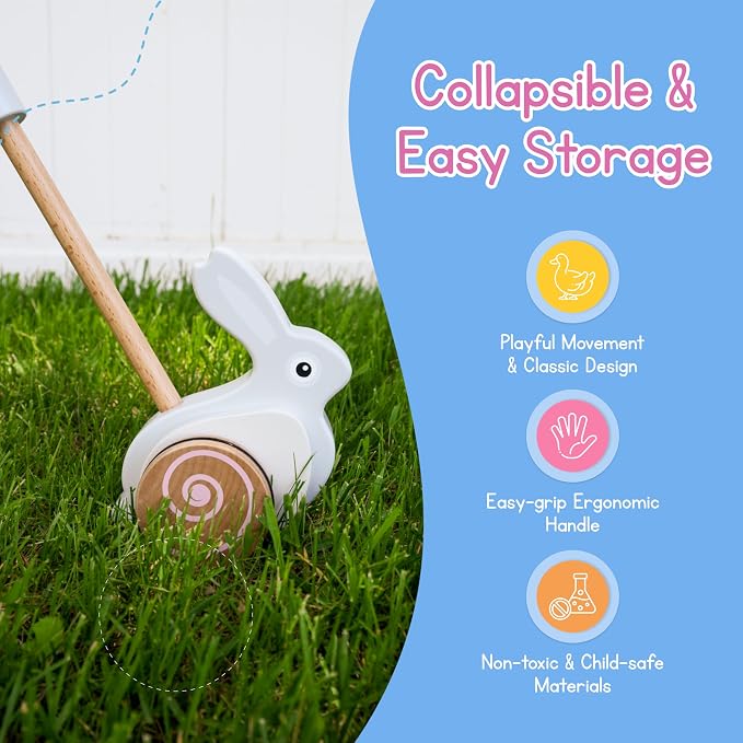 Bunny Push Toy by Jack Rabbit Creations- Wooden Push- Along Rabbit for Early Walking, Balance and Motor Skills Development- Eco-Friendly Montessori Toy for Toddlers & Babies Ages 1+