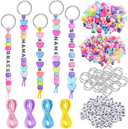 Landical 564 Pcs DIY Bead Keychain Kit Key Chain Making Craft Adjustable Letter Beads String Mama Sport Gift Alphabet Jewelry Accessories Holiday Party Favor for Adult(Heart, Dream Color)