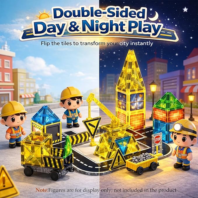 LATI Construction Magnetic Tiles City Set for Kids, Double-Sided Day & Night Building Blocks with Crane, Roads, Traffic Signs & Construction Vehicles, STEM Learning Toy for Boys & Girls Ages 3+