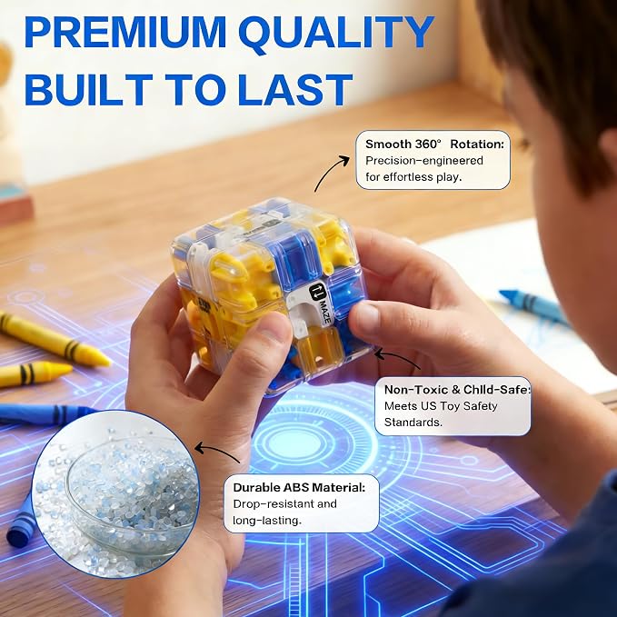3D Maze Cube - 2-in-1 Twist & Roll Brain Teaser Toy for Kids & Adults, Large Labyrinth Logic Game, Educational STEM Gift for Boys Girls (Blue)