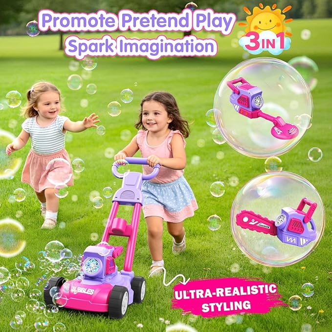 Bubble Lawn Mower for Kids Ages 3-8, 3-in-1 Bubble Machine with 10 Bubble Solution Refills, Outdoor Push Toy for Toddlers Boys Girls, Easter Summer Birthday Gift for 3+ Year Old