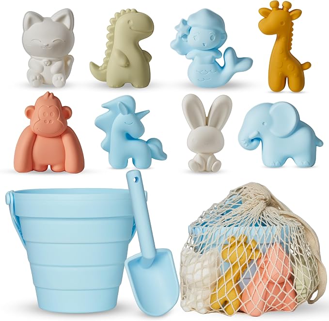 MarcZero 11Pcs Silicone Beach Toys,Collapsible Sand Bucket,Modern Baby Beach Toys,Travel Friendly Beach Set,Silicone Bucket,Shovel,Sand Molds, Beach Bag,Silicone Sand Toys for Toddlers, Kids (Blue)